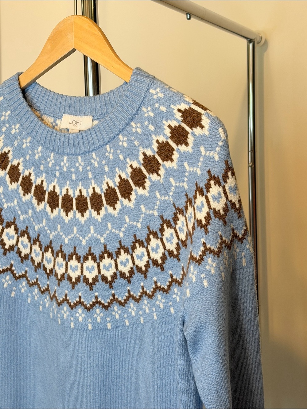NEW LOFT Fair Isle Crewneck Sweater Sky Blue White Brown Women’s Size S - Picture 4 of 8